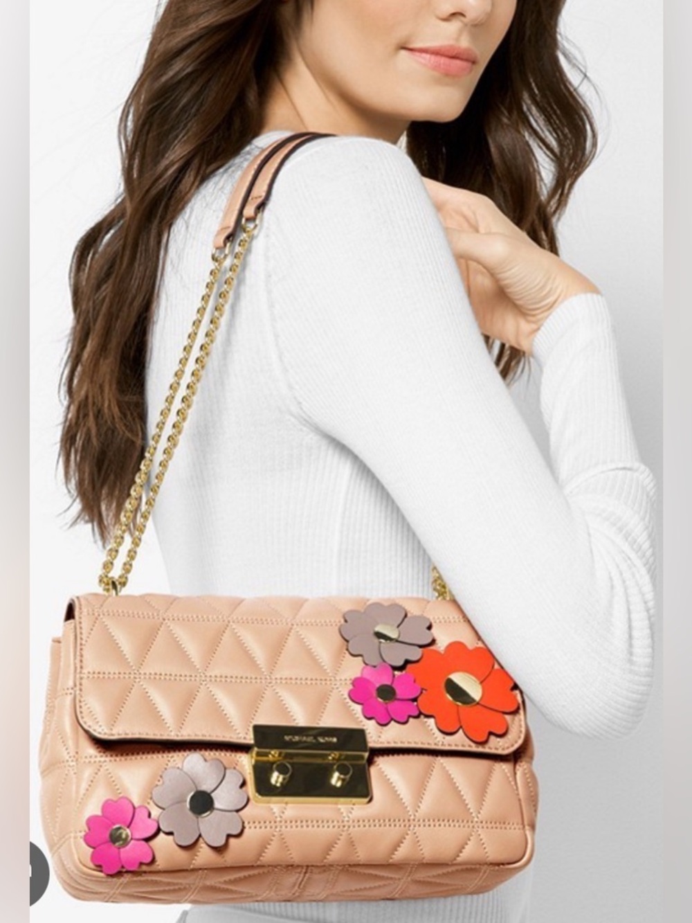#1135 🌸🌼 MICHAEL Michael Kors Quilted Blush Crossbody with Floral Appliqués